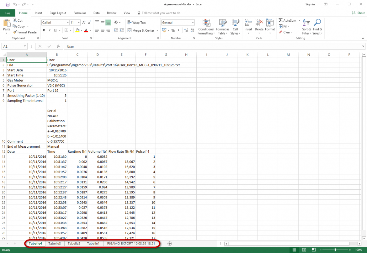 RITTER RIGAMO Software - data export to Excel Screenshot